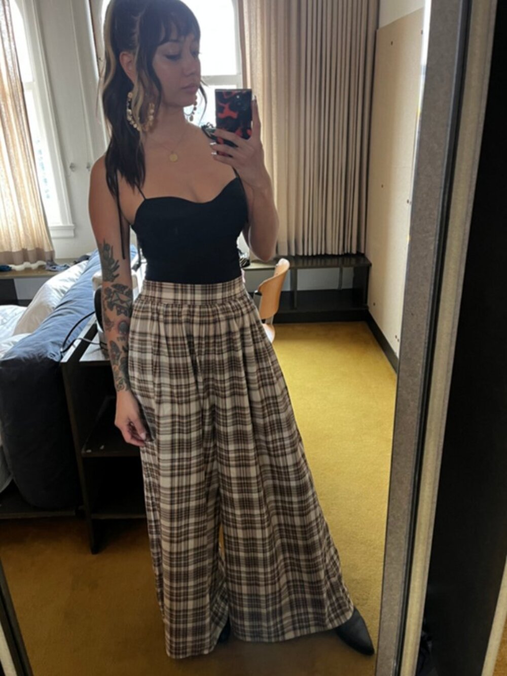 SELKIE Jo Trousers Free People Flowy Wide Leg Plaid Lightweight Pants NWOT S